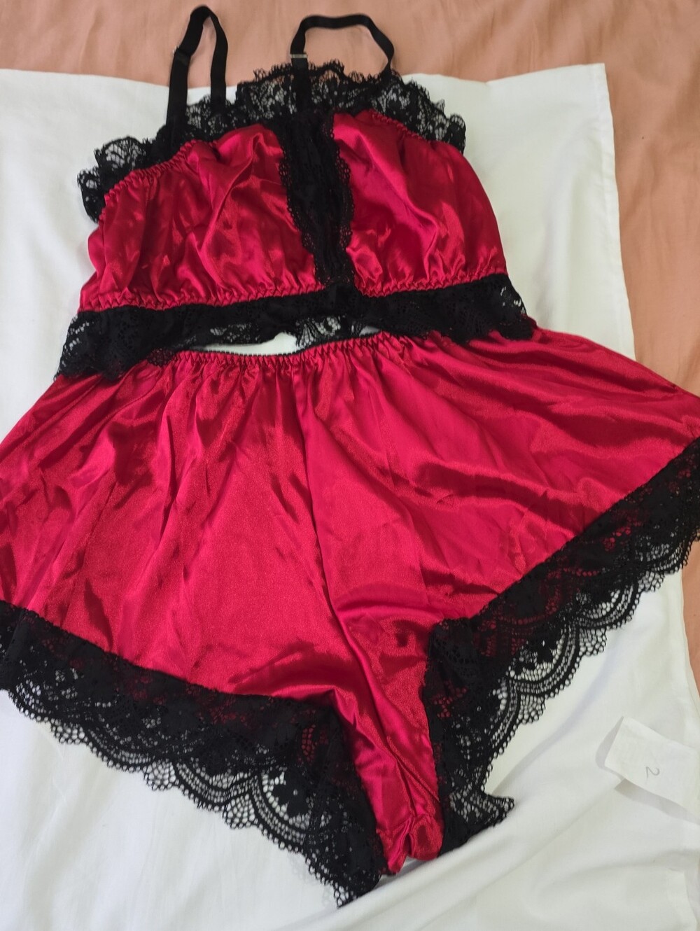 SHEIN Red Satin Camisole & Shorts Set with Black Lace Trim
